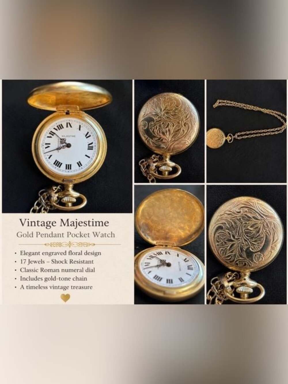 Vintage Majestime Gold-Tone Pocket Watch Necklace – 17 Jewels